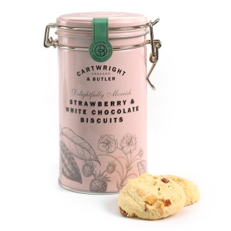 Biscuiți cu Ciocolată Albă și Căpșuni în cutie metalică 200g Cartwright & Butler Biscuiți cu Ciocolată Albă și Căpșuni în cutie metalică 200g Cartwright & Butler