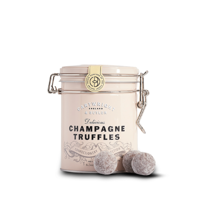 Trufe de ciocolată cu Marc de Champagne în cutie metalică 180g Cartwright & Butler