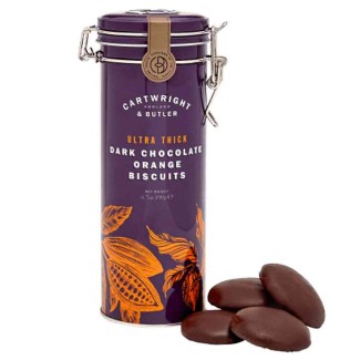 Biscuiți cu Ciocolată Neagră și Portocale în cutie metalică 190g Cartwright & Butler Biscuiți cu Ciocolată Neagră și Portocale în cutie metalică 190g Cartwright & Butler