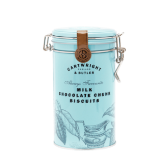 Biscuiți cu Ciocolată cu Lapte în cutie metalică 200g Cartwright & Butler Biscuiți cu Ciocolată cu Lapte în cutie metalică 200g Cartwright & Butler
