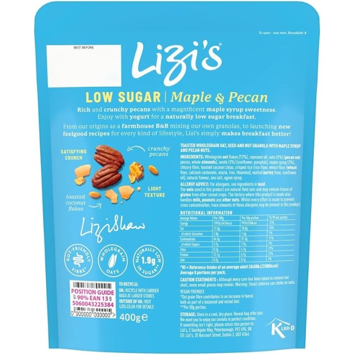 Granola Low Sugar cu Nuci Pecan si Sirop De Artar 400g Lizi's Granola Low Sugar cu Nuci Pecan si Sirop De Artar 400g Lizi's