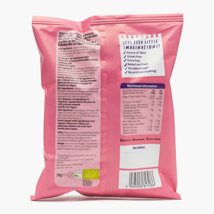 Pufuleți Bio cu Căpșuni și Banane 20g Num Nums - Unicorn Naturals Pufuleți Bio cu Căpșuni și Banane 20g Num Nums