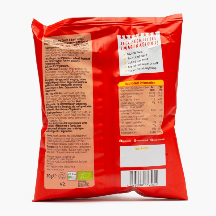 Sticksuri Bio cu Roșii și Busuioc 20g Num Nums, pentru copii fara zahar adaugat