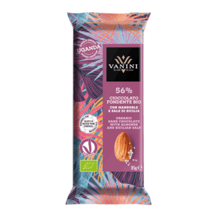 Ciocolată Neagră BIO (Conținut Cacao Minim 56%) cu Bucăți de Migdale și Sare de Sicilia