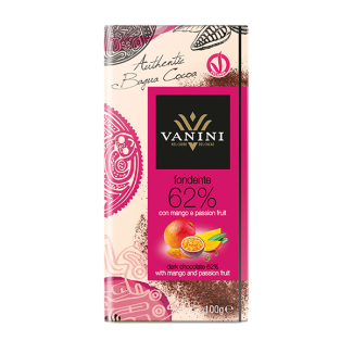 Ciocolată Neagră (Conținut cacao minim 62%) cu Bucăți de Mango și Aromă de Fructul Pasiunii 100g Vanini